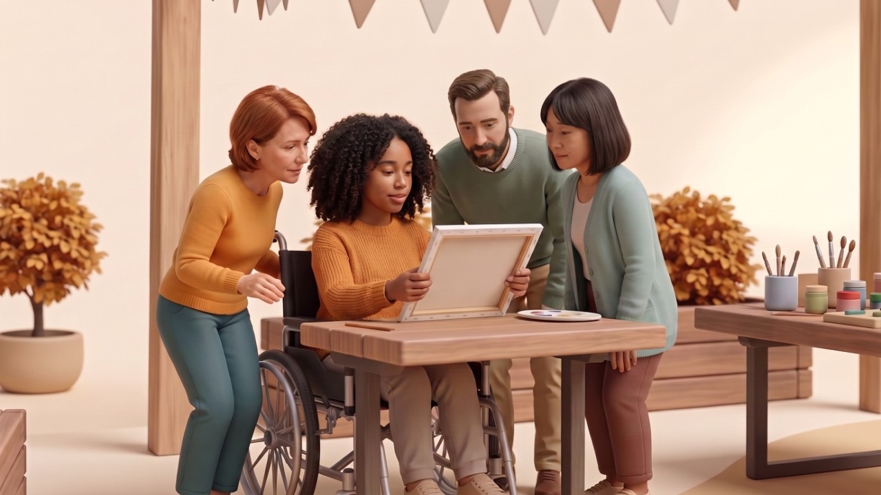 A participant in her wheelchair shows her painting to her support worker and friends at an outdoor art table