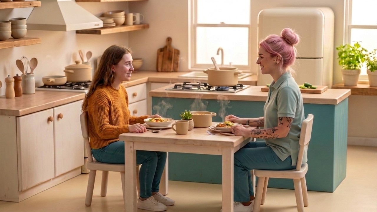 A participant and her support worker sit down to the meal they cooked together, steam rising from the pot on the kitchen table