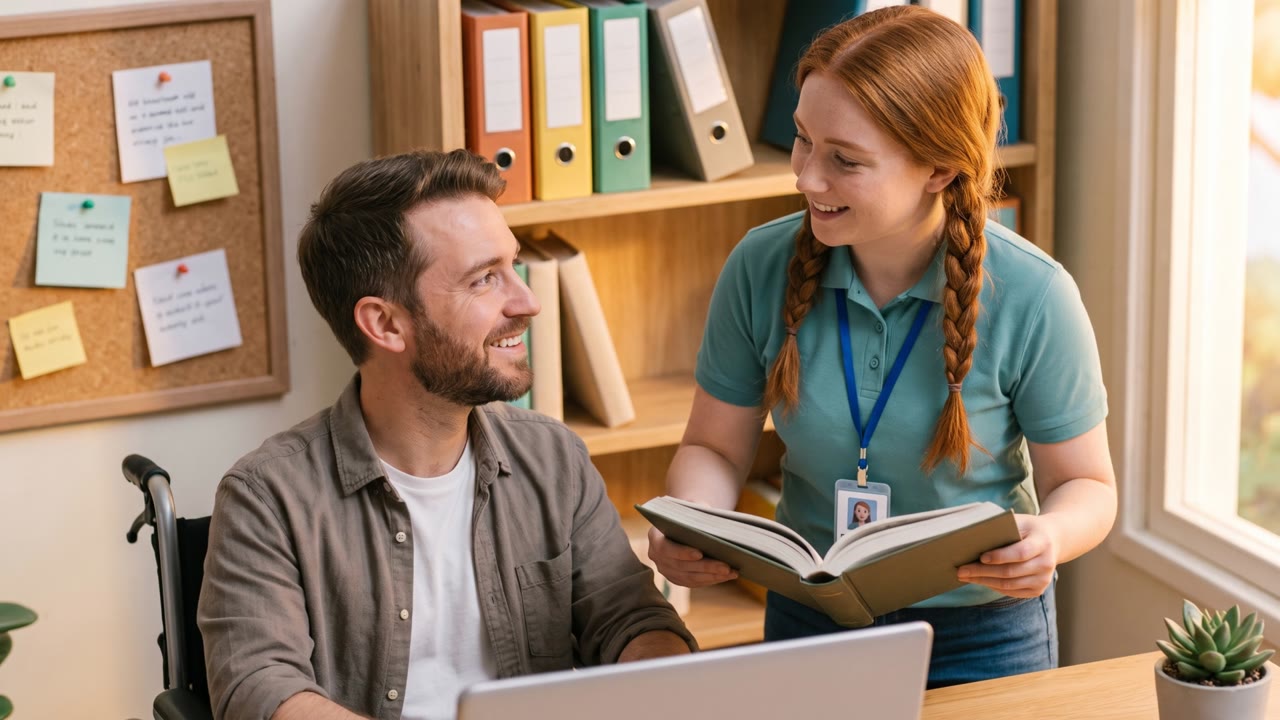 A man smiles up from his wheelchair at his support worker as she shares an open book with him at his desk, laptop open in a sunlit home office