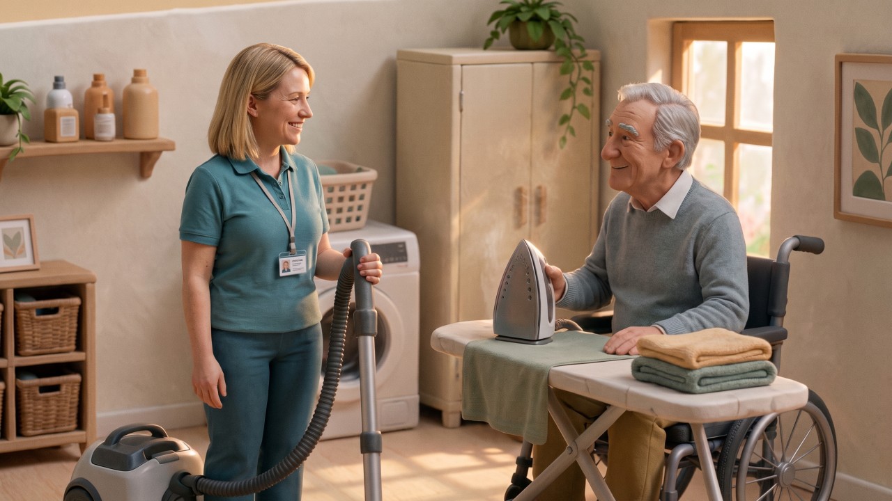 A support worker with the vacuum chats with an older man in his wheelchair ironing at his board in a sunlit laundry, folded towels beside him