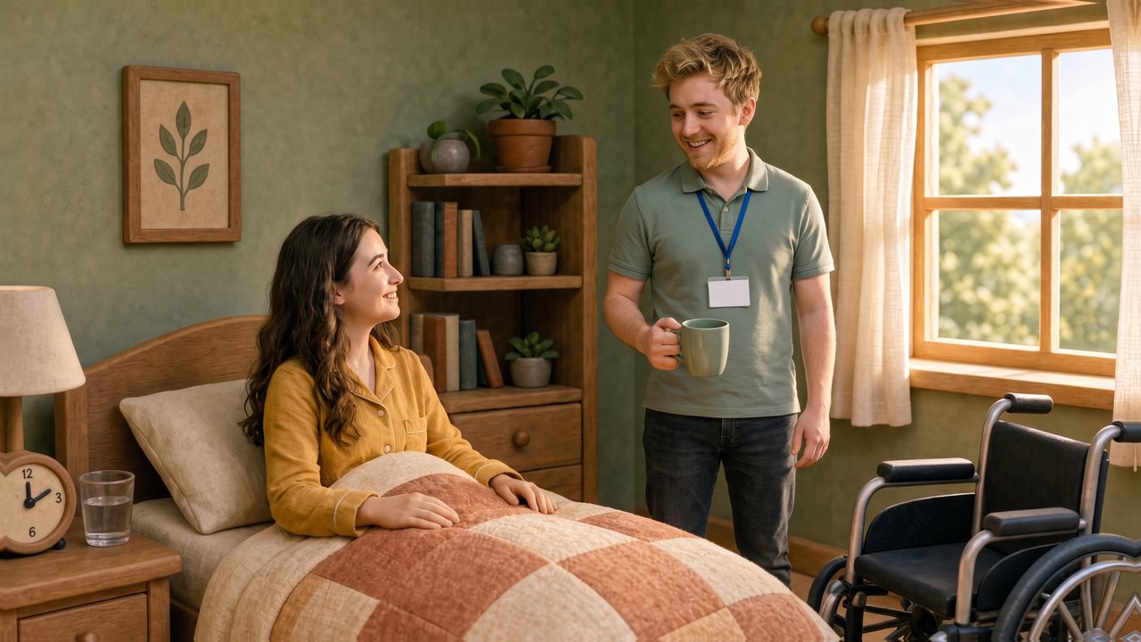 A young woman sits up in bed and smiles at her support worker, who holds a cup of tea by the window in the morning light, her wheelchair beside the bed