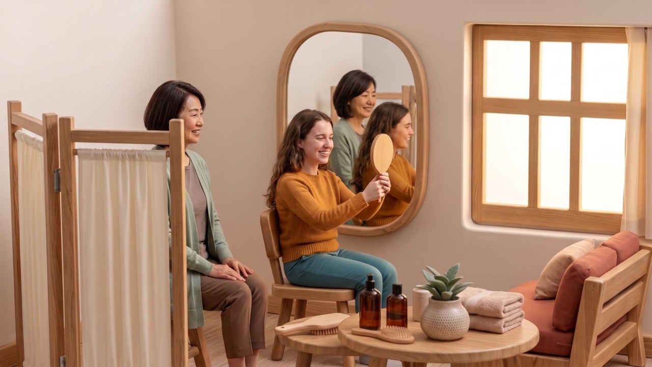 A support worker helps a young woman with her hair at a sunlit mirror, both smiling
